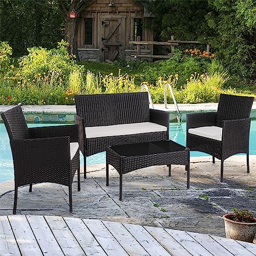 Shintenchi 4 Piece Outdoor Patio Furniture Set with Rattan Chairs and Glass Coffee Table, Black W6133