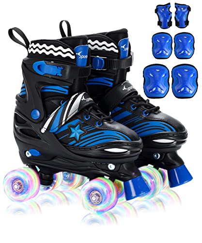 Roller Skates for Boys 4 Sizes Adjustable, Sportneer Light Up Kids Roller Skates for Age 3-5 6-12 Roller Skates with Protective Gears Illuminating Wheels Gift