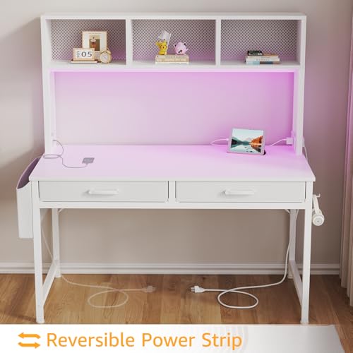 Black Gaming Desk with Hutch and Shelves, 47 Inch with LED Light and Power Outlets C685
