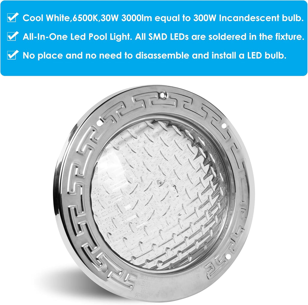 HQUA PN01 120V AC LED Inground Pool Light, 10 Inch 35W 3000lm, 100 Feet Cord, Transformer Included, 6500k Cool White, UL Listed D5803