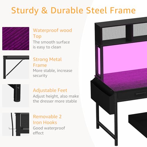 Black Gaming Desk with Hutch and Shelves, 47 Inch with LED Light and Power Outlets C685