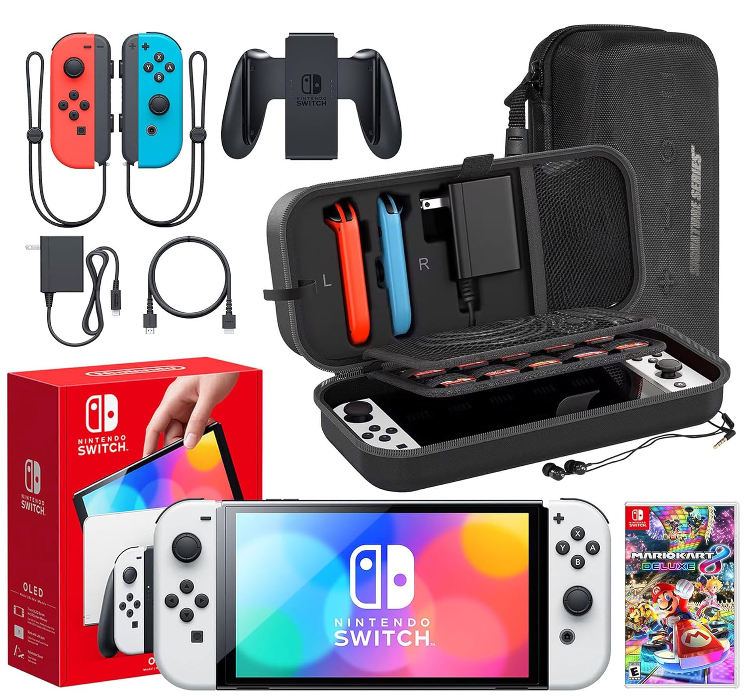 Nintendo Switch OLED Model (White) Mario Kart 8 Deluxe Bundle | Includes Extra Joy-Con (Red/Blue), Dock, Joy-Con Grips and Straps | With Signature Series Portable Case and Earphones