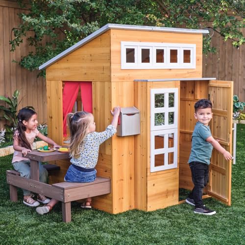 KidKraft Modern Outdoor Wooden Playhouse with Picnic Table and Grill S7361