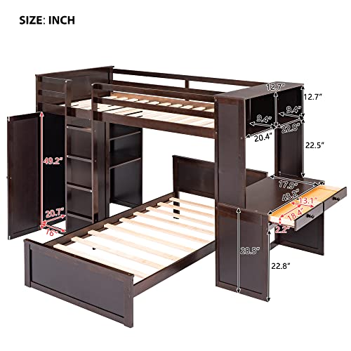 Harper & Bright Designs Full Over Twin Bunk Bed with Desk and Storage, Solid Wood, Gray L8927