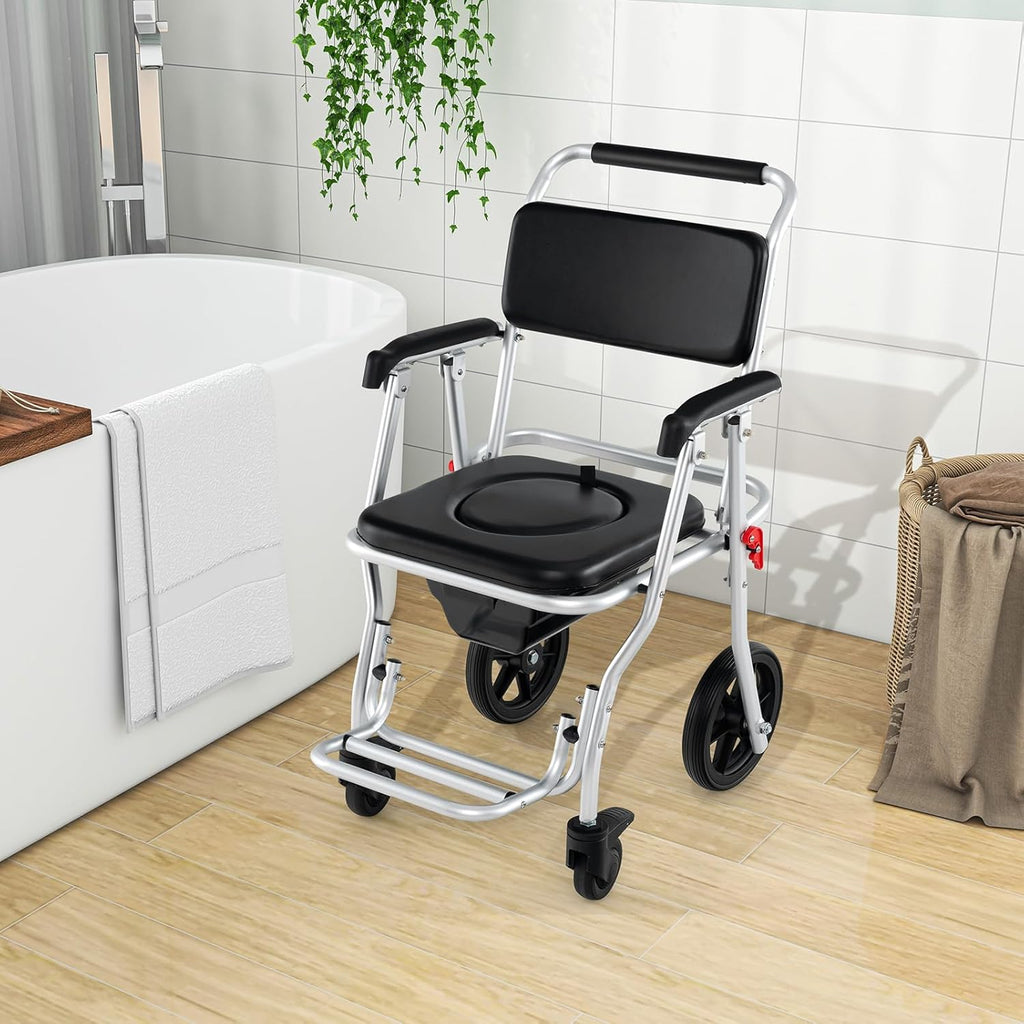 Giantex Bedside Commode Wheelchair with Arms, Lockable Casters, Detachable Bucket G734