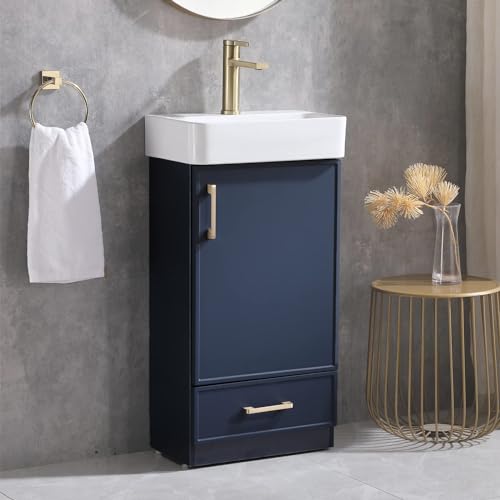 18 Inch Bathroom Vanity with Sink Set, Small Bathroom Vanity with Undermount Vessel Sink Combo, Blue Bath Rv Cabinet, 1 Door 1 Drawer Vanities with Golden Handles