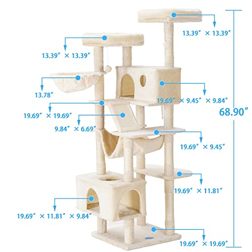 Hey-brother Cat Tree XL Cozy Cat Tower with Hammock, Scratching Posts, Light Gray O2195