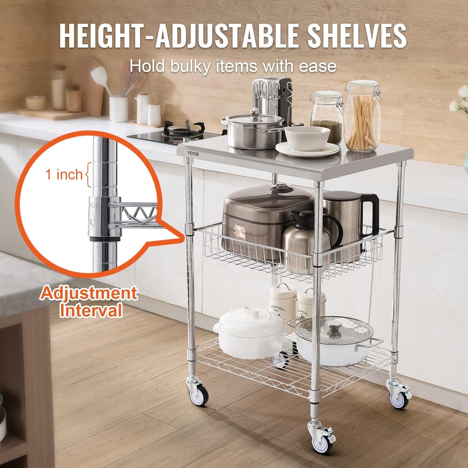 VEVOR Kitchen Utility Cart, 3-Tier Steel Rolling Cart with Brake Wheels X906