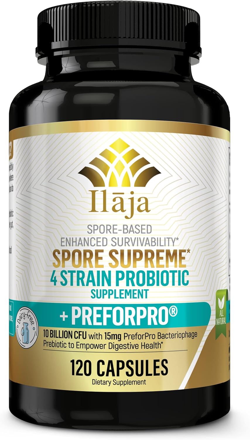 Spore Supreme Spore Based Probiotic 120 Capsule x 10 Billion / 4 Strain formula + PreforPro Bacteriophage Prebiotic - 4 Month Supply - No Refrigeration Needed, Acid Resistant Strains, Dairy Free