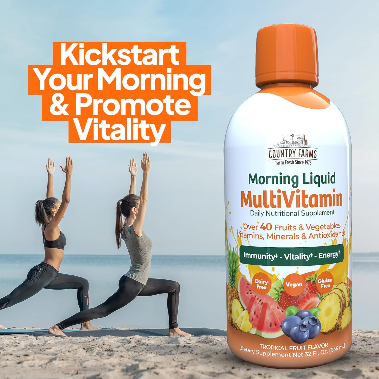COUNTRY FARMS Morning Liquid Multivitamin, Tropical Fruit Flavor, 32 fl oz T192119