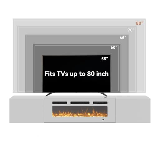 Aoxun Floating Fireplace TV Stand 70" Wall Mounted Entertainment Center with 36" Electric Fireplace, Black A864