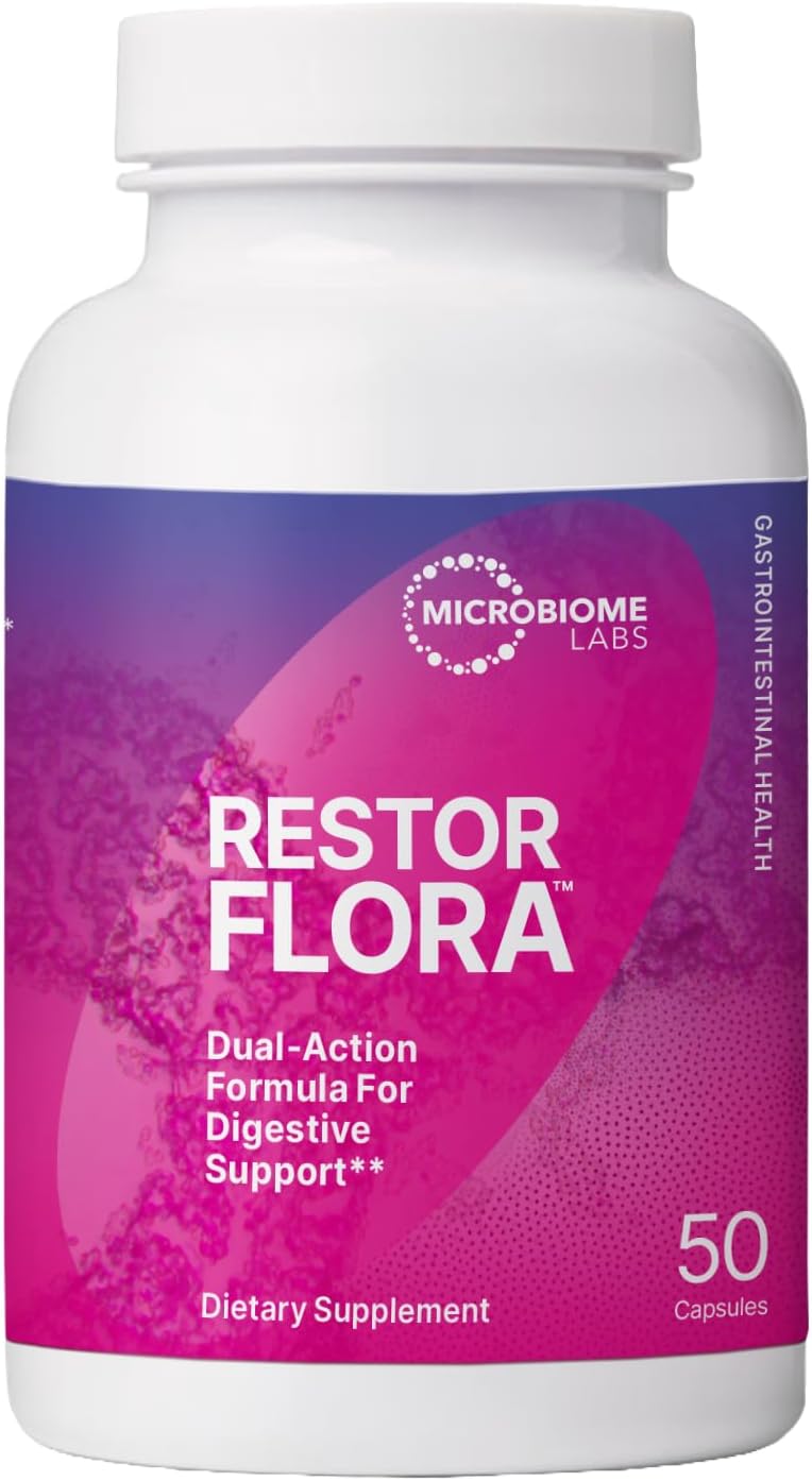 Microbiome Labs Restorflora - Probiotic Supplement with 7 Billion CFU for Gut Health + Digestive Support - Dual Action Probiotics for Men & Women (50 Capsules)