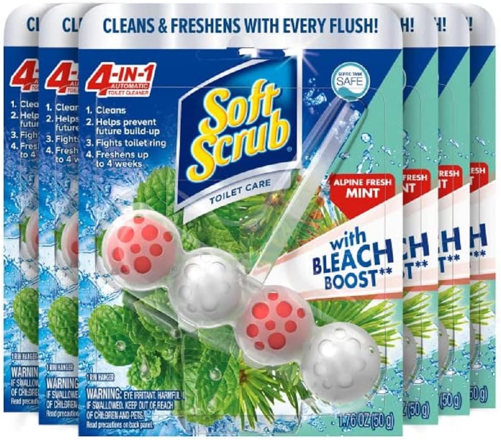 Soft Scrub 4-in-1 Rim Hanger Toilet Bowl Cleaner, Alpine Fresh Mint with Bleach, 6 Count