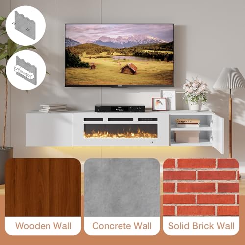 Aoxun Floating Fireplace TV Stand 70" Wall Mounted Entertainment Center with 36" Electric Fireplace, Black A864