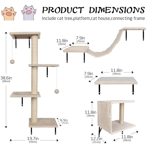 Almcmy Wall Mounted Cat Furniture 4 PCS Wood Cat Wall Shelves with Bridge, Grey P56660