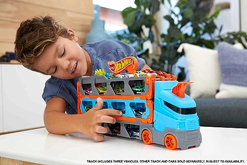 Hot Wheels Speedway Hauler Storage Carrier with 3 1:64 Scale Cars & Drag Race Track F586351