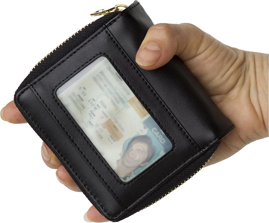 Women's Genuine Leather Scan Proof Small Zip Wallet Black N827