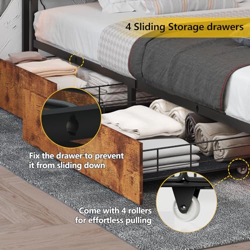 King Size Bed Frame with Storage Drawers and Bookcase Headboard, LED Lights, Vintage Brown K9476