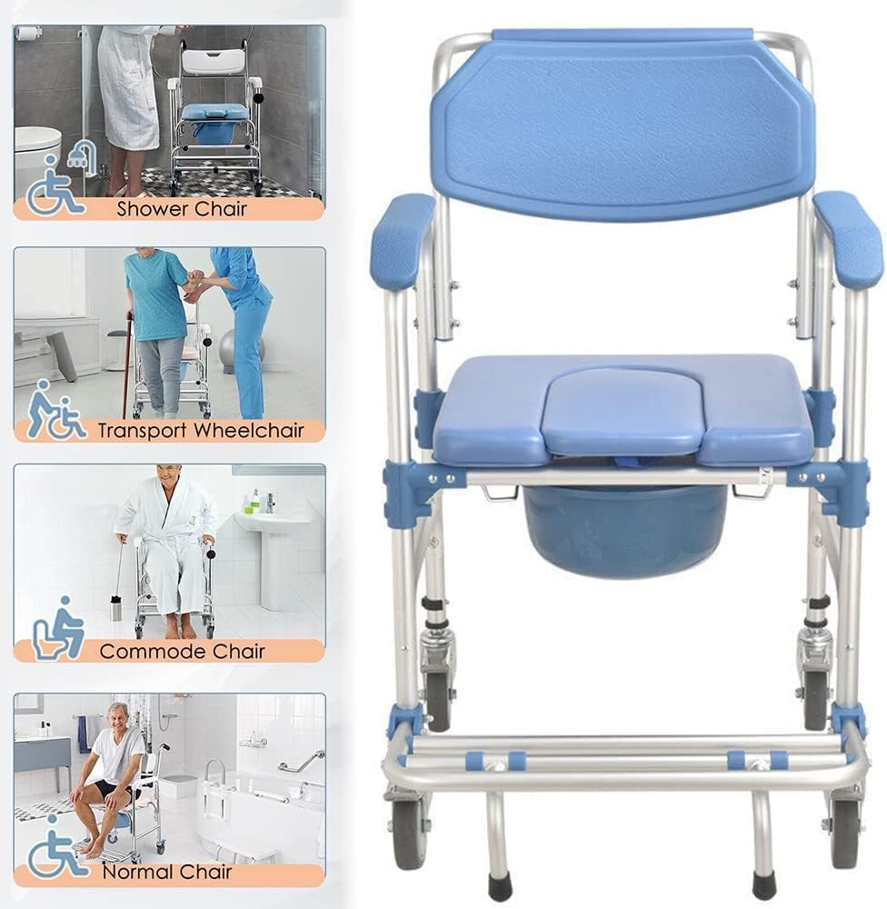 uyoyous Shower Commode Chair with Wheels, Padded Waterproof, 250 lbs Capacity W8677