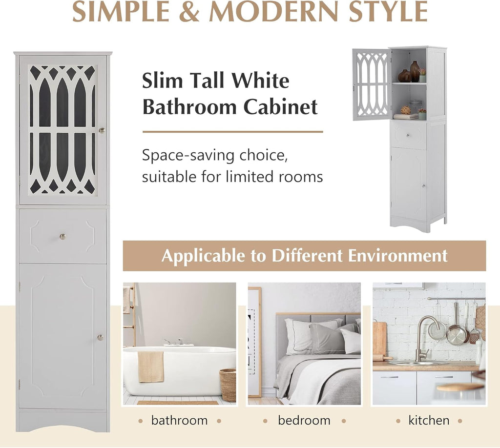 Merax Tall Bathroom Storage Cabinet with Adjustable Shelf and 2 Doors, White L374