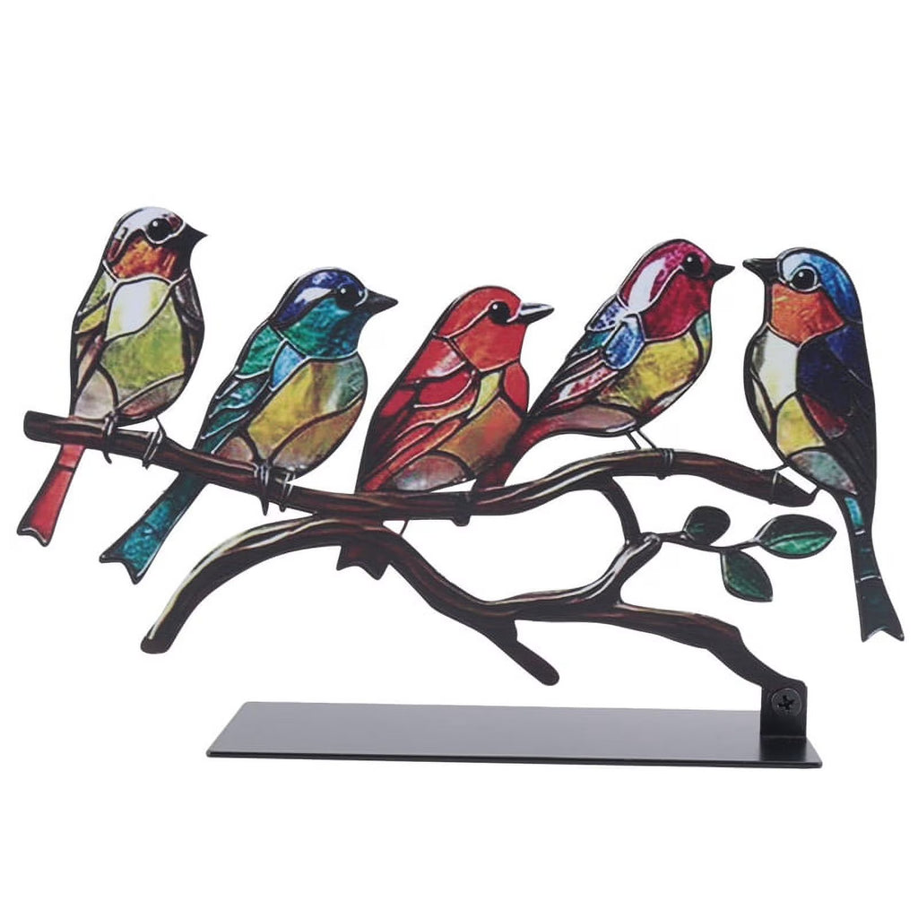 Stained Birds on Branch Desktop Ornaments, Multicolor Bird Stained Metal Desk Ornamk9518