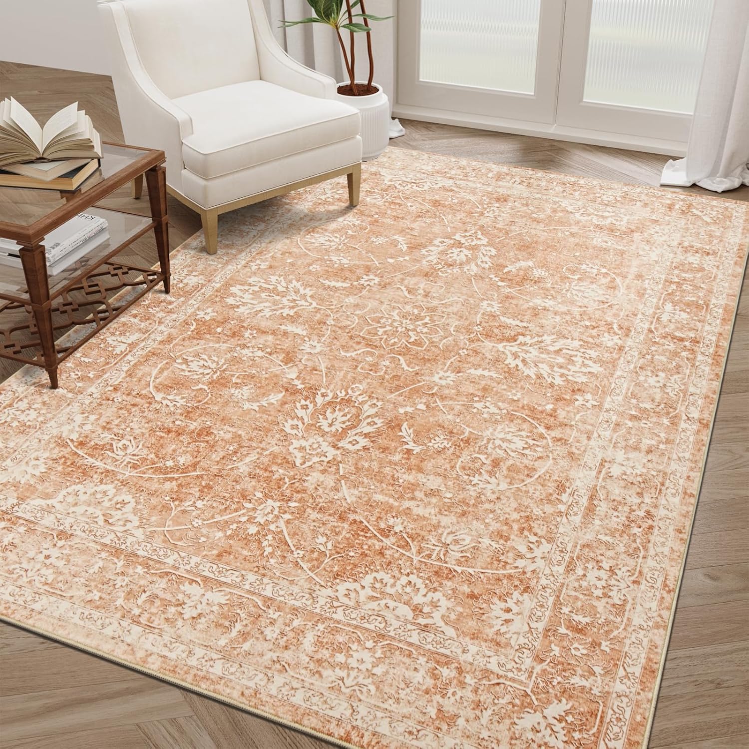 Madane 8x10 Area Rug, Anti-Slip, Machine Washable, Vintage Floral, Orange S60953