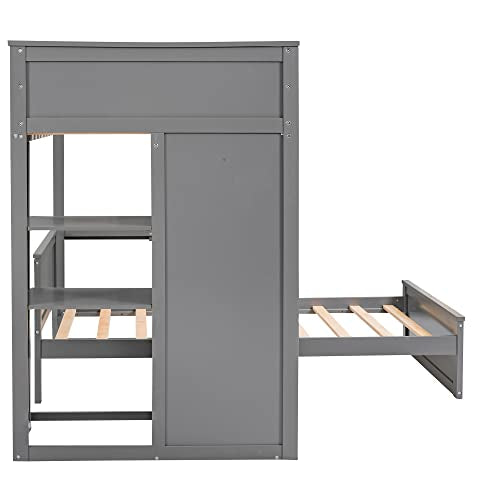 Harper & Bright Designs Full Over Twin Bunk Bed with Desk and Storage, Solid Wood, Gray L8927
