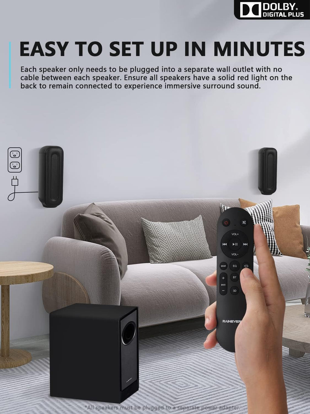 5.1 CH Surround Sound Bar with Dolby Audio, Wireless Subwoofer & Rear Speaker for TV D587