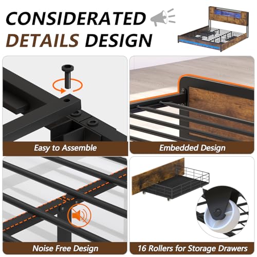 King Size Bed Frame with Storage Drawers and Bookcase Headboard, LED Lights, Vintage Brown K9476