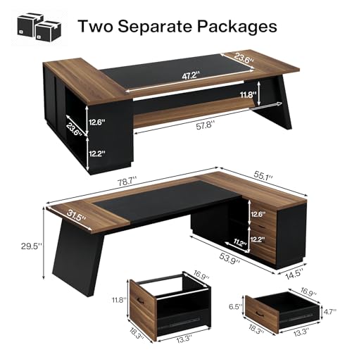 Tribesigns 78" L-Shaped Executive Desk with Drawers and File Cabinet, Walnut & Black V6249
