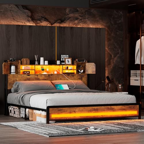 King Size Bed Frame with Storage Drawers and Bookcase Headboard, LED Lights, Vintage Brown K9476