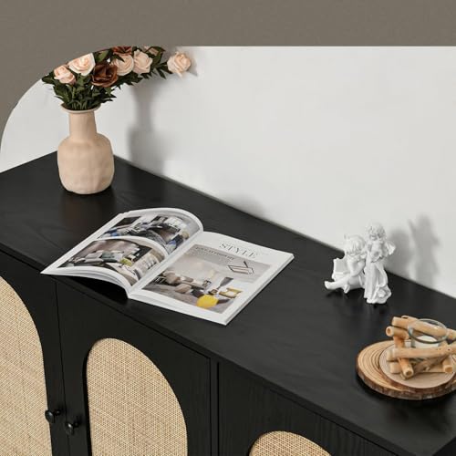 Black Rattan Buffet Cabinet 3 Doors with Storage, 47" Sideboard U11879