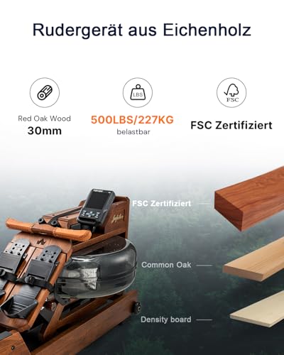 Water Rowing Machine for Home Use, Oak Wood with Bluetooth Monitor G6821