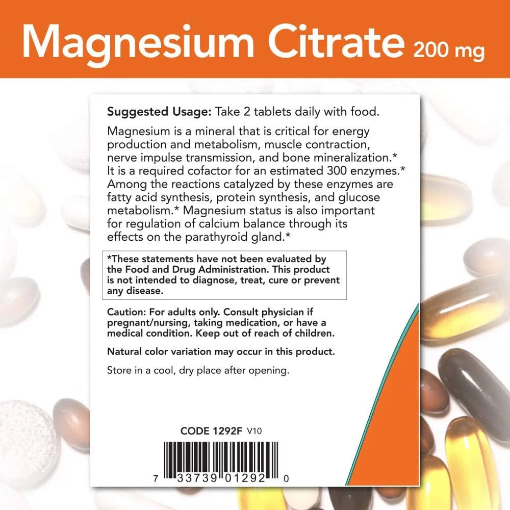 NOW Magnesium Citrate 200 mg, 250 Tablets W93204