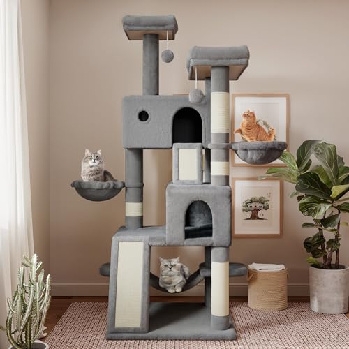 SHA CERLIN 65in Cat Tree Tower for Indoor Cats, Multi-Level with Scratching Posts and Hammock Y941282
