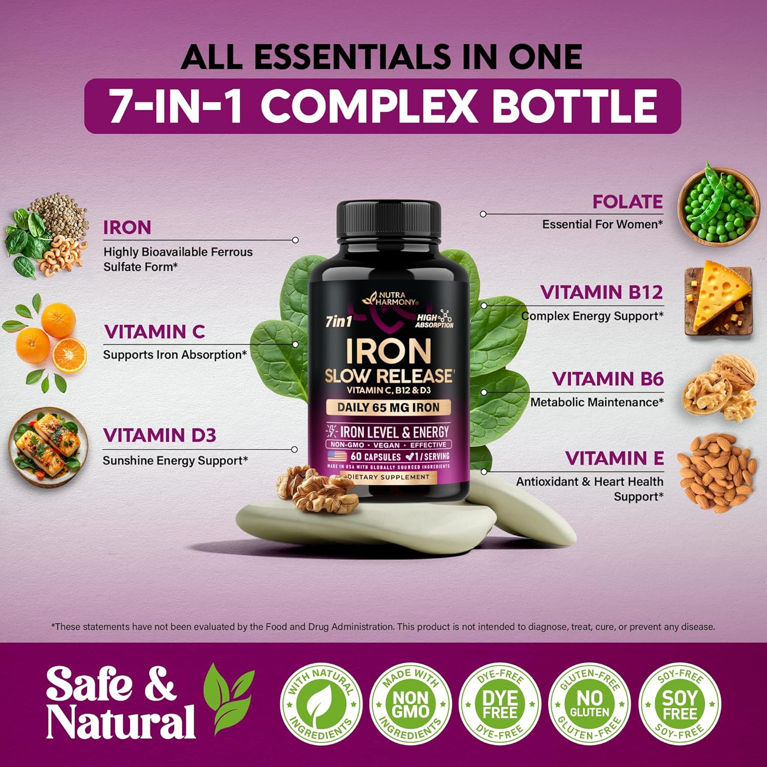Iron Supplement for Women 65mg Ferrous Sulfate with Vitamins C D3 B6 B12 Folate, 60 Capsules Q71879