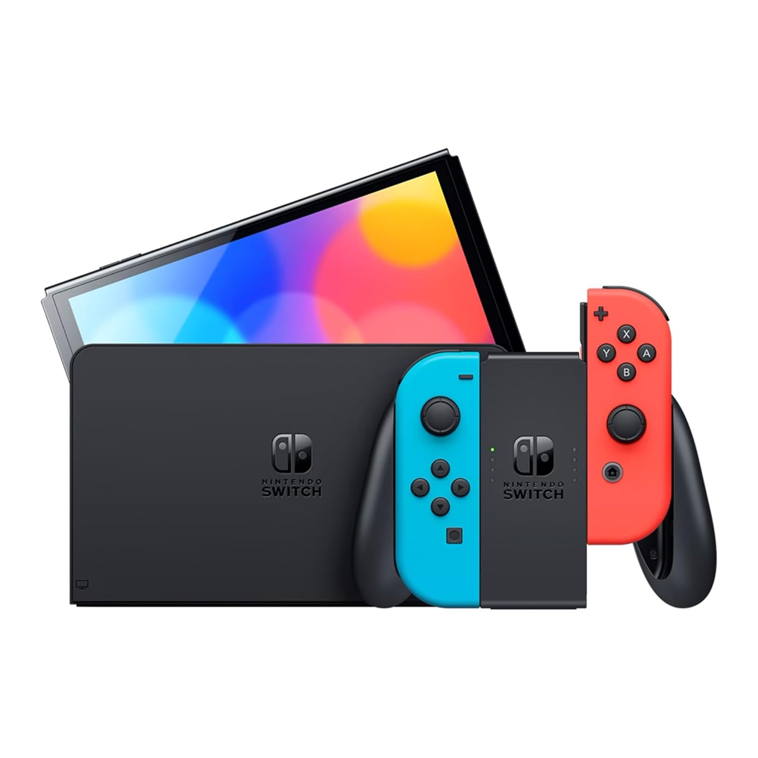 Nintendo Switch OLED Model Neon Red/Blue Accessory Bundle with Extra Joy-Con, Dock, Grips, Straps, Case and Earphones N48223