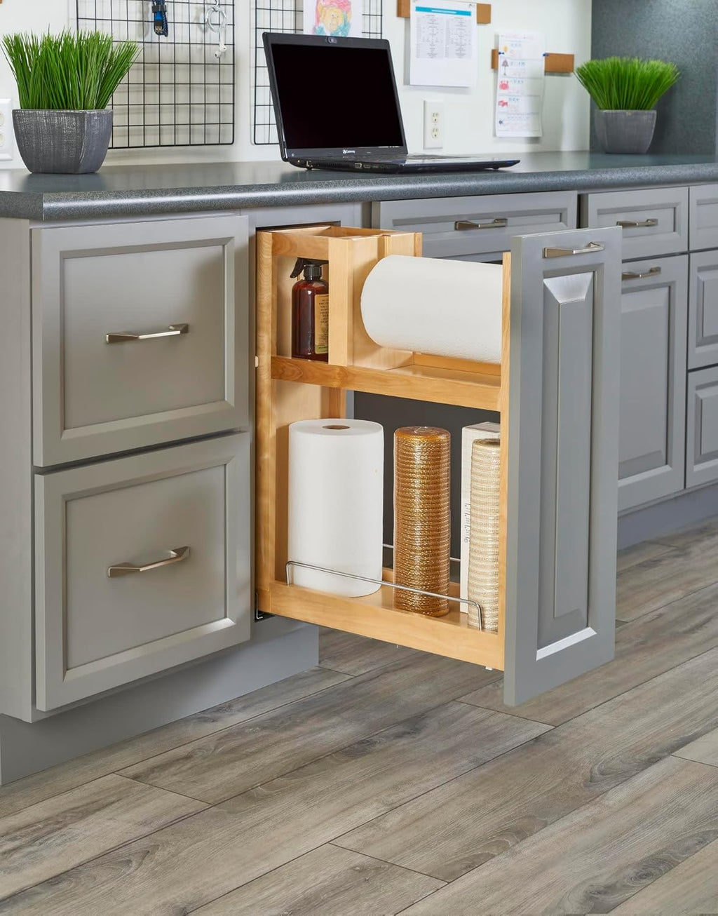 Rev-A-Shelf Wood Base Cabinet Paper Towel Pull Out Organizer, Light Brown Q282301