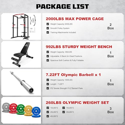 Power Cage 2000LBS Power Rack with LAT Pulldown and Adjustable Pulley System for Home Gym H863717