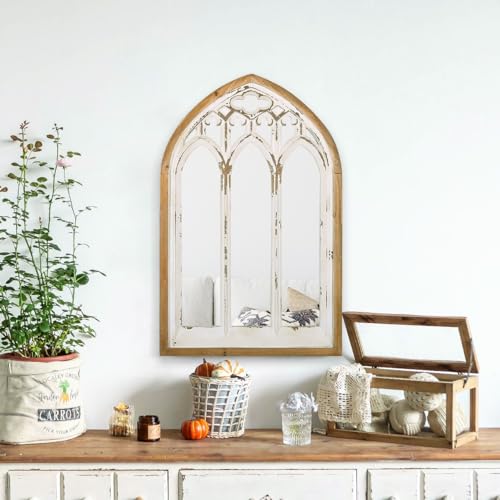 Arch Window Wall Mirror Farmhouse Cathedral Mirror with Wooden Frame U119913