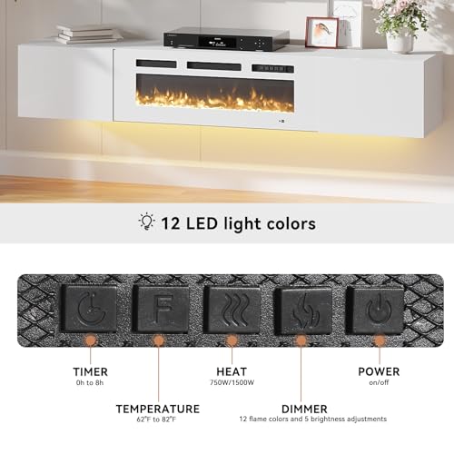 Aoxun Floating Fireplace TV Stand 70" Wall Mounted Entertainment Center with 36" Electric Fireplace, Black A864