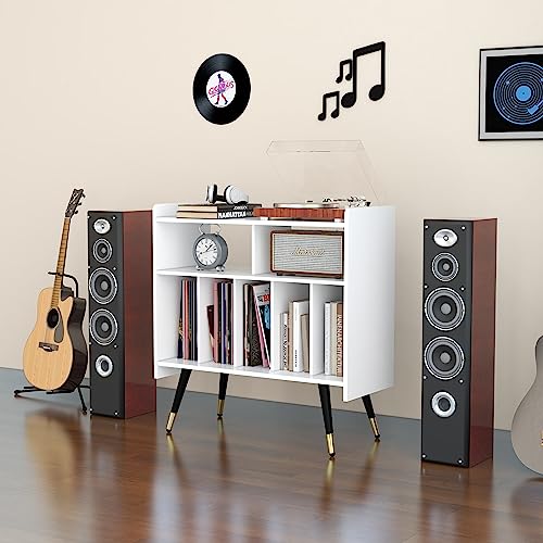 Large Record Player Stand with Power Outlet, Holds 350 Albums, Black I10987