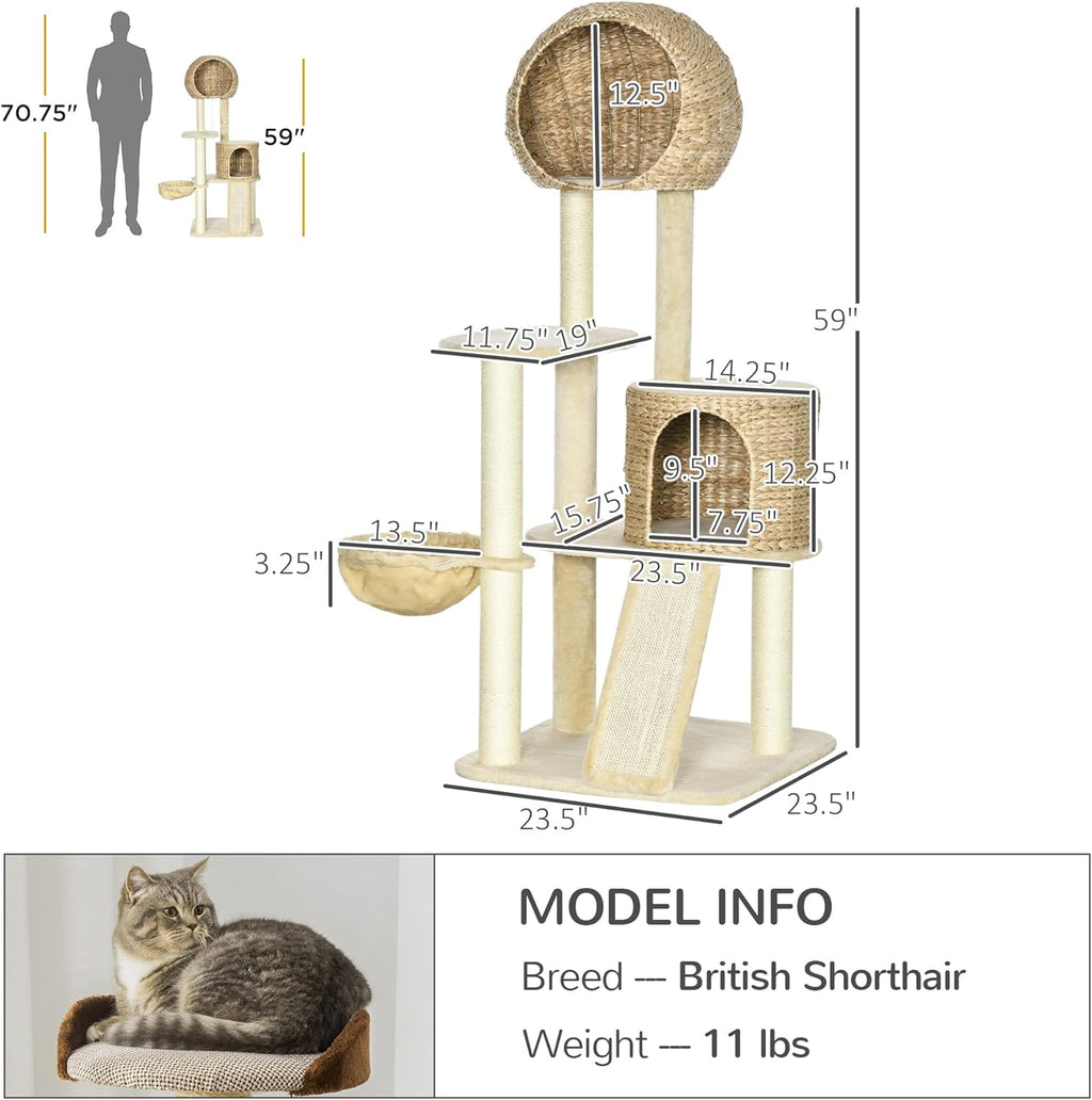 PawHut 59 Inch Cat Tree for Indoor Cats with Condo, Hammock, Scratching Posts, Beige W443