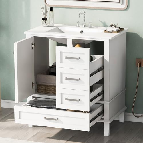 Harper & Bright Designs 30" Bathroom Vanity with Sink, Free Standing Single Basin Vanity Set with a Soft Closing Door and 3 Drawers, Solid Wood Bathroom Cabinet with Ceramic Basin for Bathroom, Green