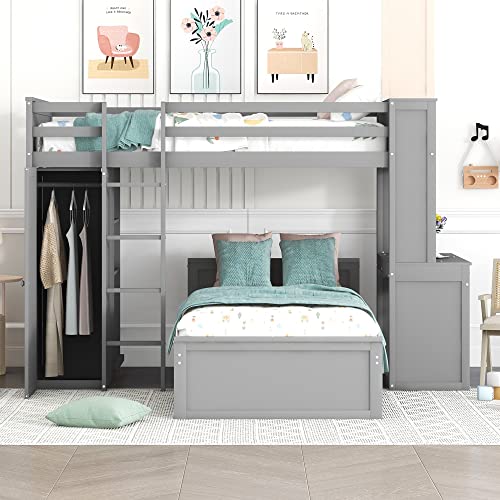 Harper & Bright Designs Full Over Twin Bunk Bed with Desk and Storage, Solid Wood, Gray L8927