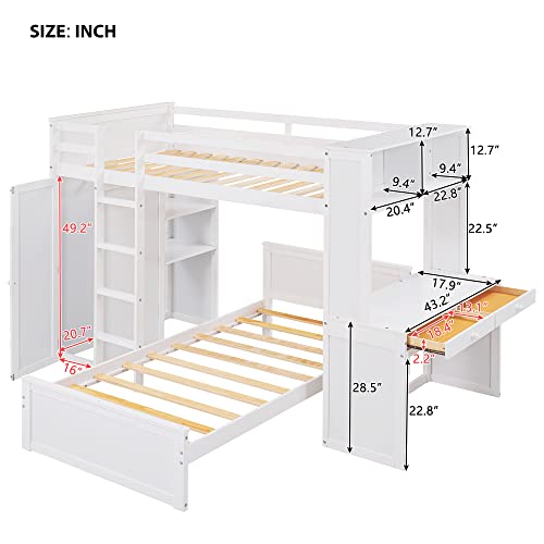 Harper & Bright Designs Full Over Twin Bunk Bed with Desk and Storage, Solid Wood, Gray L8927
