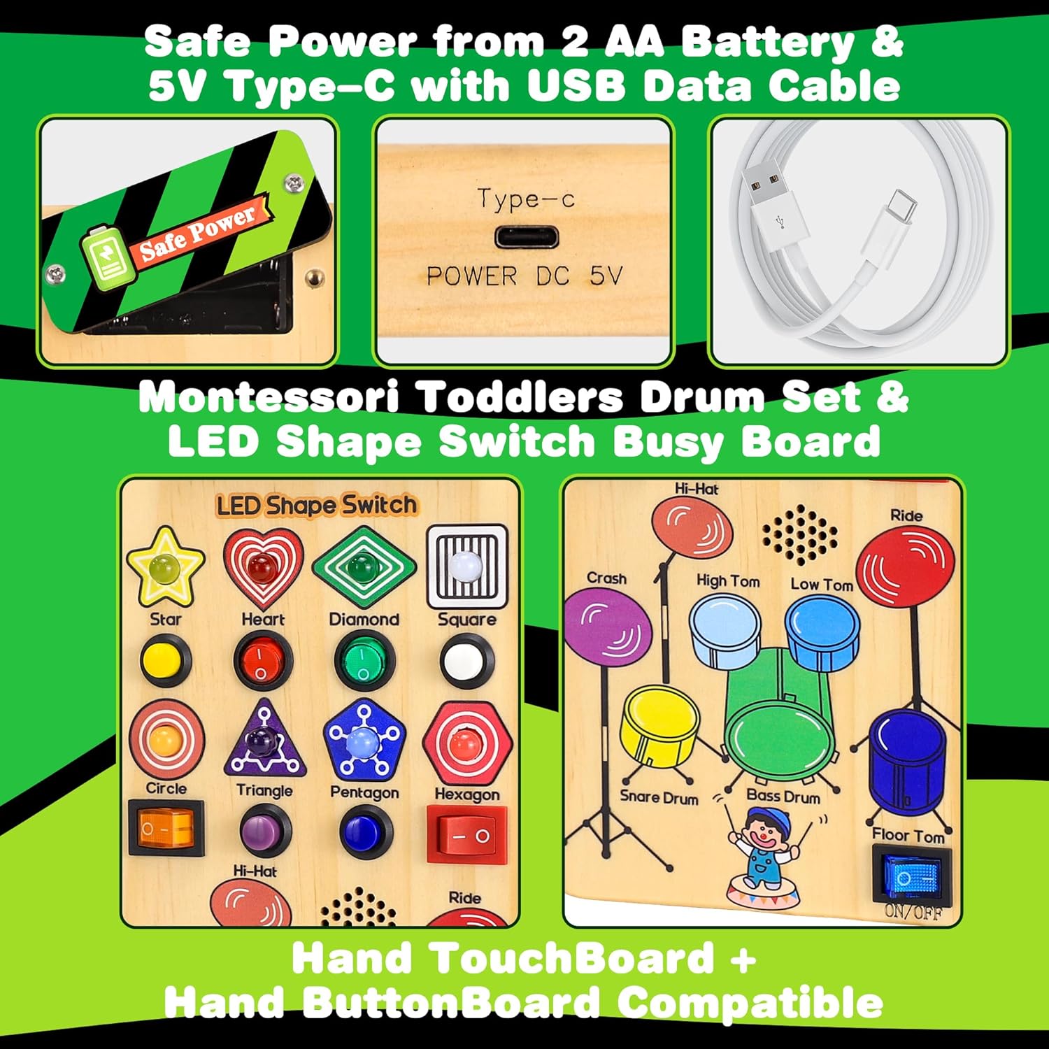 USB Busy Board Montessori Toys with LED Shape Switch and Drum Set for 1-3 Year Old Boys Girls I9070