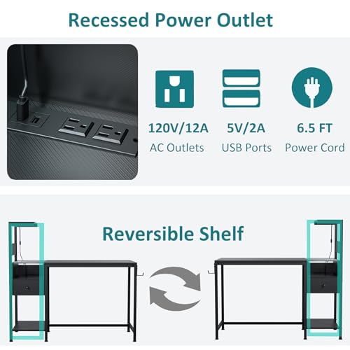 48 inch Reversible Gaming Desk with LED Lights & Power Outlets, Black B9849