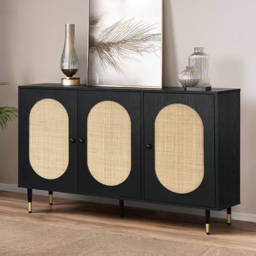 Black Rattan Buffet Cabinet 3 Doors with Storage, 47" Sideboard U11879