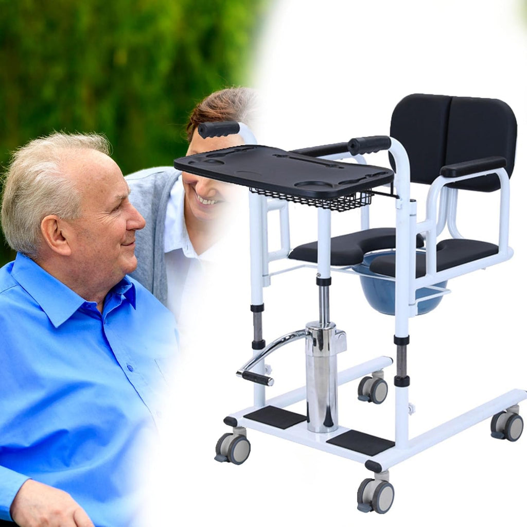 Hydraulic Patient Lift Transfer Chair for Home, W/ 180° Split Seat & Cushion Bathroom Wheelchair Lift with Toilet and Tray Table, for Nursing Elderly, Load 440 Lbs.